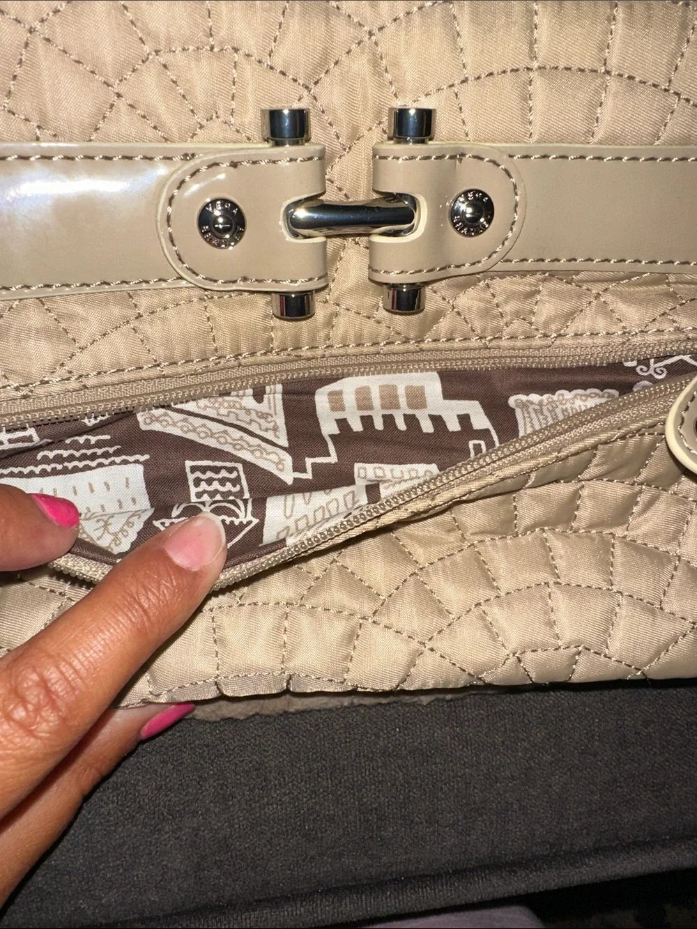 Vera Bradley Cream Quilted Wristlet Clutch with Turn-Lock Detail